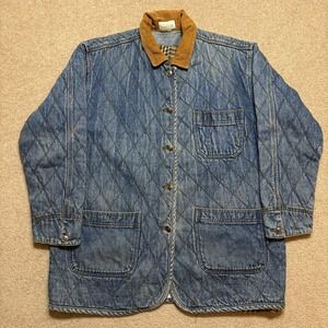 Vtg Capezio Quilted Denim Chore Coat Mens Large Blue Barn Corduroy Collar 80s